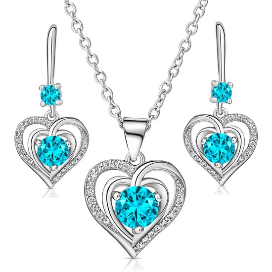 Set collier et Boucles d'oreilles Juwelium Heart in Heart, réglable de 41 à 46 cm, avec cristaux de zircone Blauw Aqua dans un coffret à bijoux de Luxe – Cadeau Perfect pour femme, petite amie, mère ou fille