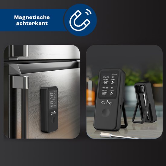 Claire vleesthermometer magnetisch bevestigd aan een koelkastdeur en staand op een aanrecht.