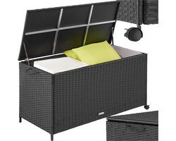 tectake® Wicker opbergbox - Outdoor kussenbox - Uitneembare binnenzak - Weerbestendig en afsluitbaar met deksel - Verrijdbaar - Inclusief 2 handgrepen, 2 wielen met rem en gasveren - Inhoud 297 l - Afmeting (LxBxH) 117 x 54 x 64 cm - Zwart