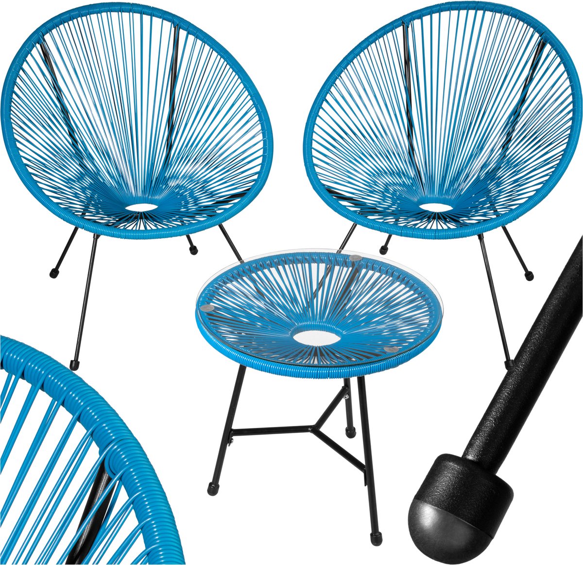 Bol.com tectake® Tuinmeubel bistroset - 2 stoelen en 1 tafel met glazen blad - Retro Egg Chairs in Acapulco-stijl - Weerbestendi... aanbieding
