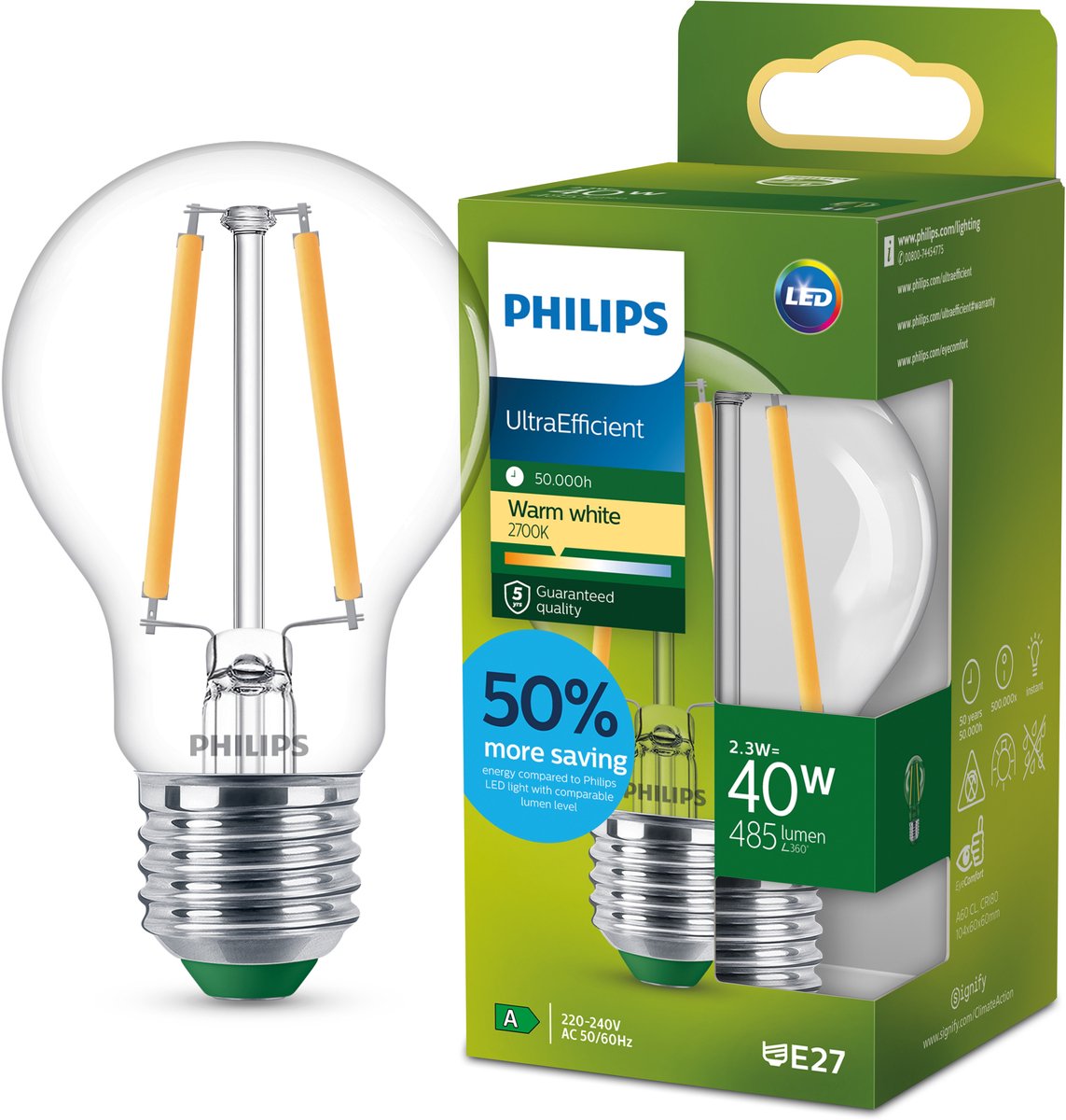 Philips UltraEfficient LED lamp - Transparant - 40W - E27 fitting - Warmwit licht: 2700K - Bespaar op energiekosten