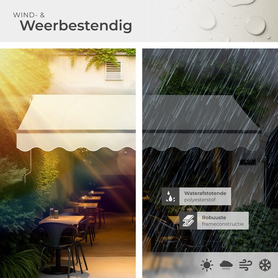 Twee afbeeldingen van een beige zonnescherm: één met tafels en stoelen buiten bij zonlicht, de ander met regenval en het opschrift 'Wind- & Weerbestendig'.