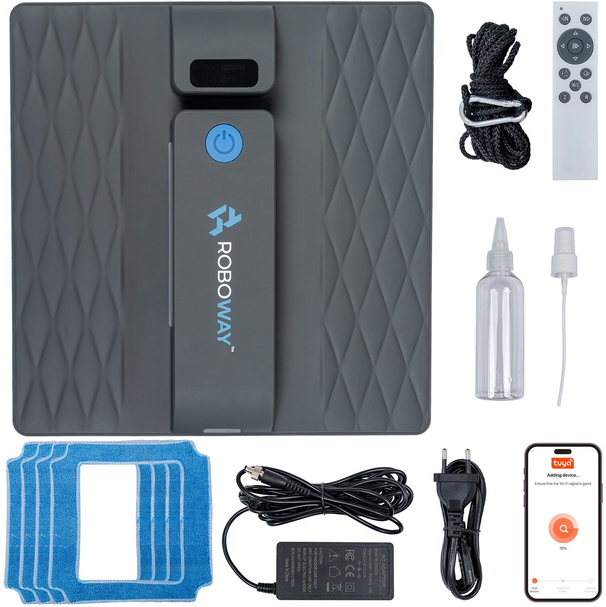 ROBOWAY® Robot raamwisser | RW-5 | Raamrobot | Automatisch & Slim | Krachtige Zuigkracht 3000Pa | WiFi & Afstandsbediening | Veiligheidstouw | Microvezeldoeken | Intelligente Navigatie | Stil | Voor Alle Glasoppervlakken | Droog & Nat Reiniging |