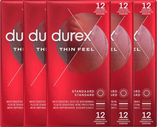 Cinq boîtes de préservatifs Durex Thin Feel rouges côte à côte, chacune avec des plumes argentées et des informations sur 12 préservatifs.