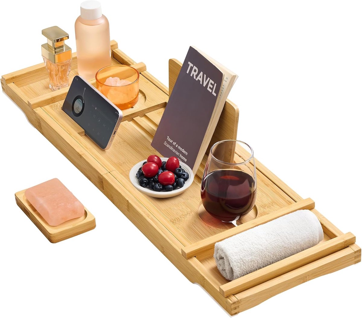 SONGMICS Bamboe Badlade, Uitschuifbare Badlade, 70-95,6 cm brede badplank, opvouwbaar, antislip badlade, met wijnglas, tablet, boek, handdoekhouders, natuurlijk beige