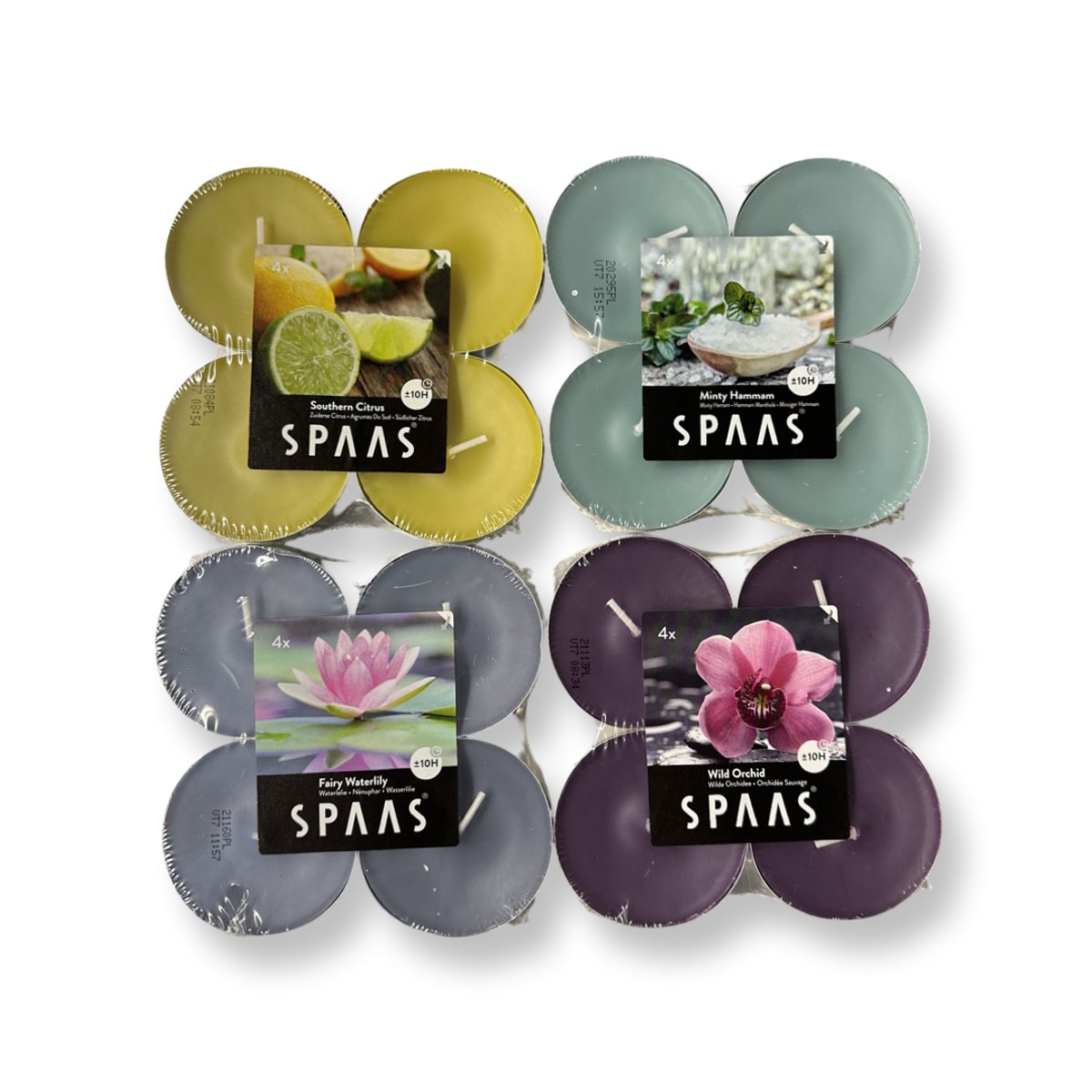 SPAAS Geurtheelichtjes/waxinelichtjes Maxi - Assortiment - Sfeerpakket - 16 stuks - 10 branduren - 4x 4 geurkaarsen assorti Voordeelpack 16 stuks