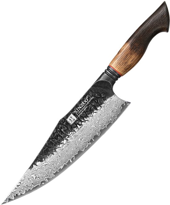 XinZuo Koksmes Damascus – X06 Mo Series – 22 cm – Gebrand Eiken Handvat – Professioneel Keukenmes