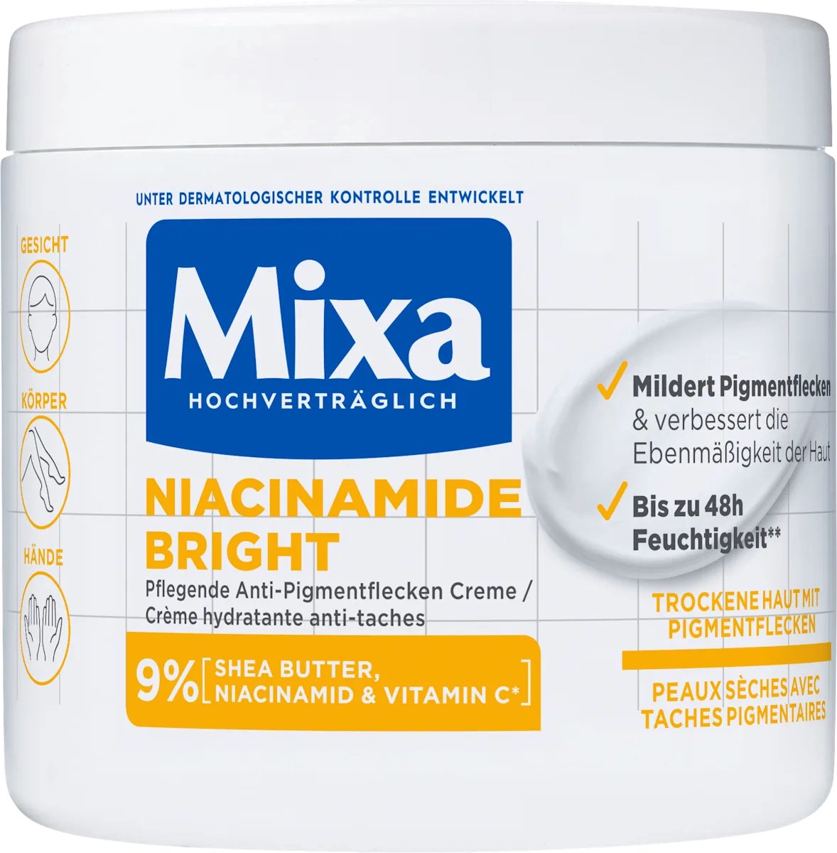 Mixa, Niacinamide Bright Body Cream met sheaboter en vitamine C, tegen pigmentvlekken