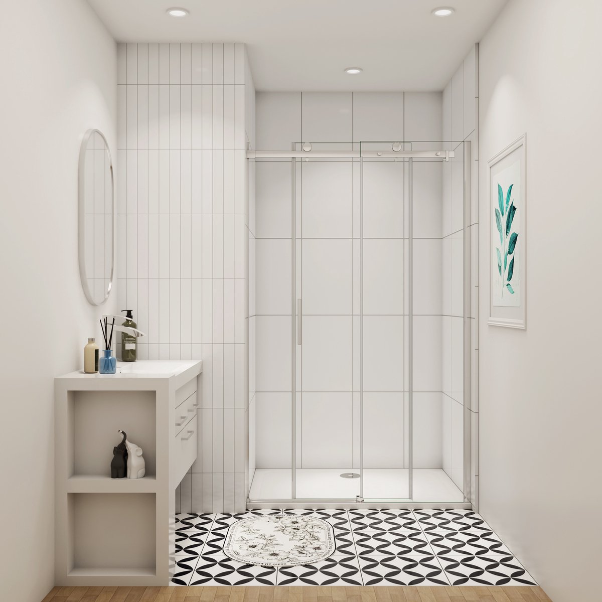 Douchedeur schuifdeur 140x195cm 6mm gehard glass(Vast glas+Schuifdeuren)glanzend chroom aluminium profiel