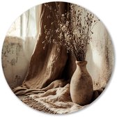 Vaas met droogbloemen in sepia - Stilleven rond schilderij - Ronde wandprint vaas - Japandi - Aluminium kunst aan de muur - Schilderij landelijke stijl - Muurcirkel aluminium 90x90 cm