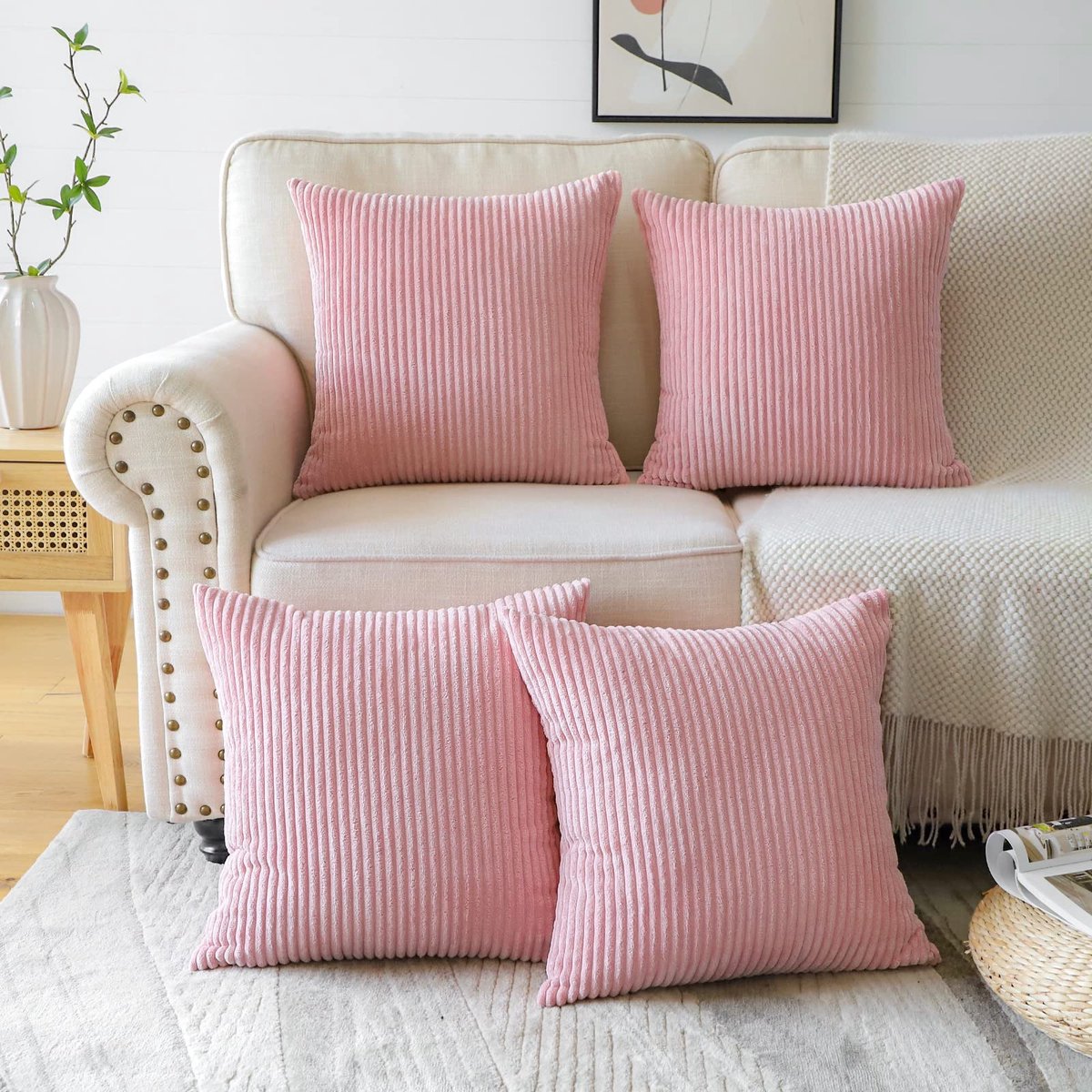 Ibenzoa Elegante Set van 4 Zachte Corduroy Sierkussenhoezen voor Diverse Interieurs, 45 x 45 cm, Roze