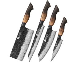 XinZuo Messenset 4-delig – X06 Mo Series – Damascus Staal – Gebrand Eiken Handvat – Luxe Keukenmessen