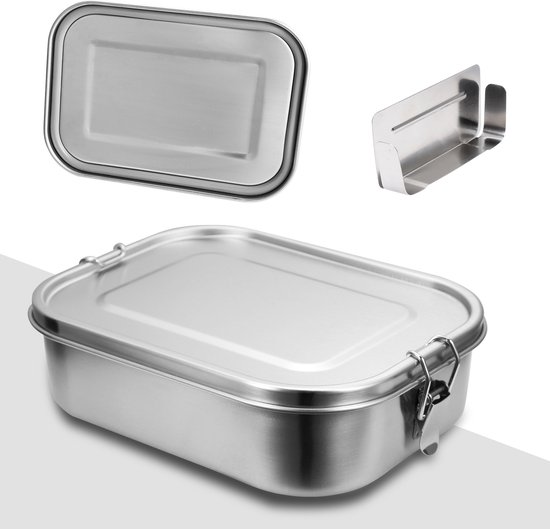 Boîte à lunch en acier inoxydable avec un couvercle plat et un séparateur amovible.
