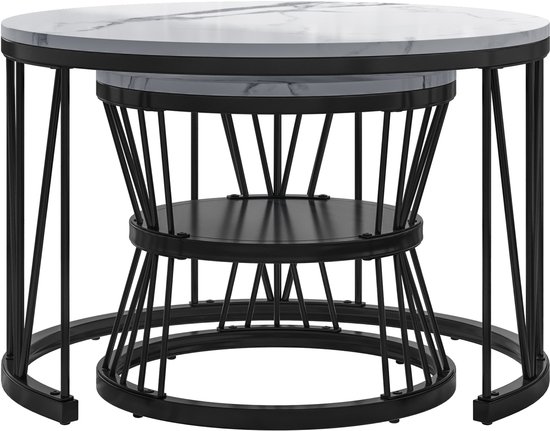 Set de 2 tables basses rondes 70/45 cm, plateau en V Étagère dorée + plateau blanc avec motif marbre, convient pour salon, salle de café, salon - Wit avec Zwart
