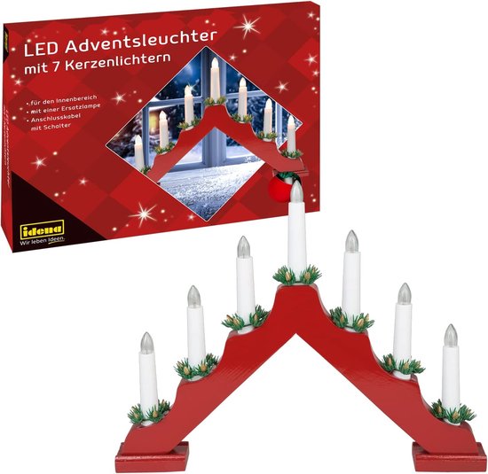 Idena LED Adventskandelaar Rood Hout - 7 Warmwitte LED Kaarsen - Kerstdecoratie Met Reservelampje