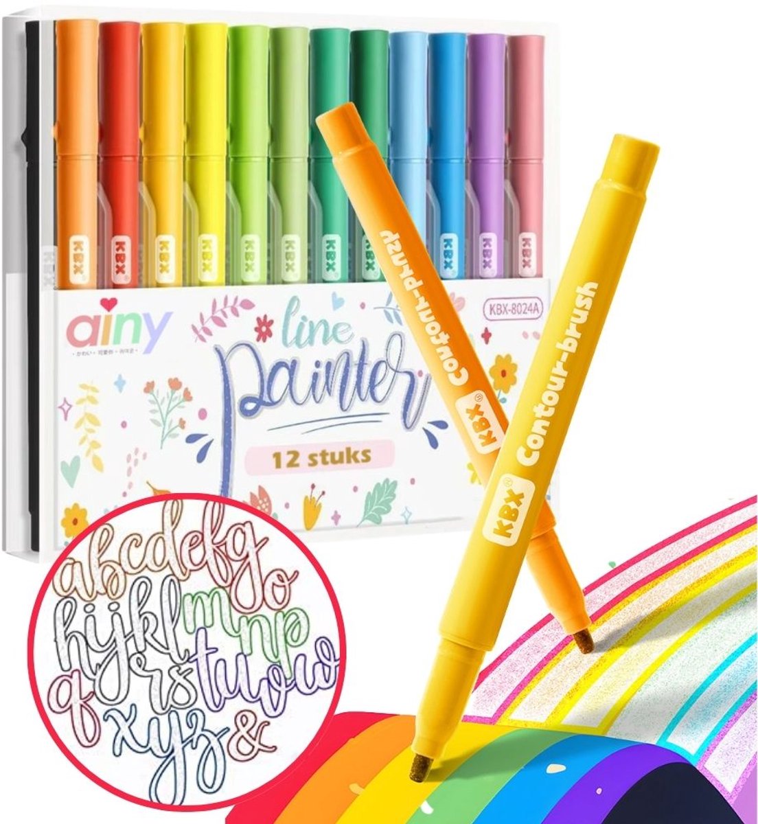 Ainy - Magische Metallic Outline Markers - 12 sneldrogende markeerstiften in rainbow kleuren, glitter stiften pennen, hobby alcohol kleurstiften voor kinderen & volwassenen