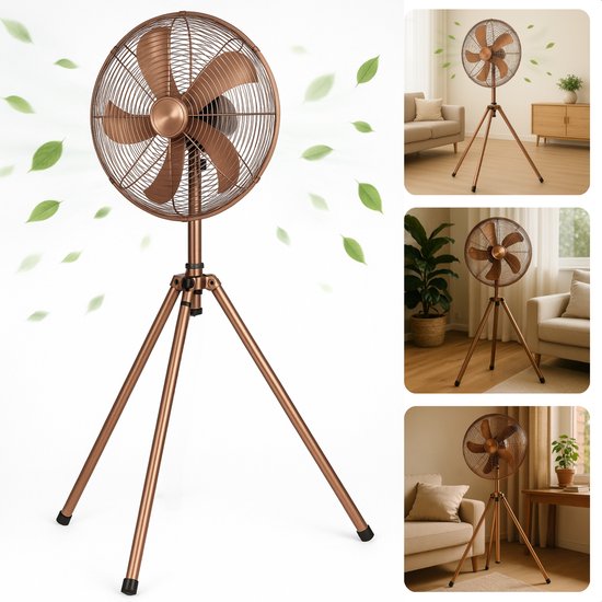 Driepoot Statiefventilator Cheqo® Koperkleur Staand Verstelbaar 125-145 cm 3 Snelheden Oscillerend