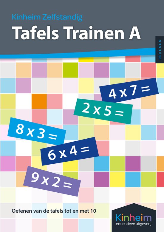 Tafelspelschema met gekleurde vakjes en rekensommen zoals 8x3=.