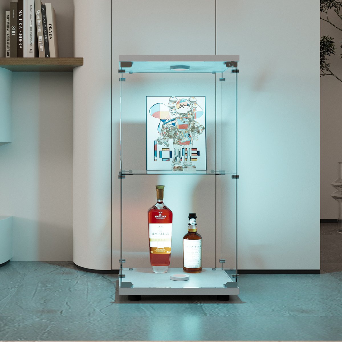 Vitrinekast in glas met LED, Moderne vitrinekast met 2 planken in ESG-glas, Collection Vitrinekast voor Bar, Woonkamer, 86,5 x 40 x 36,5 cm, Wit