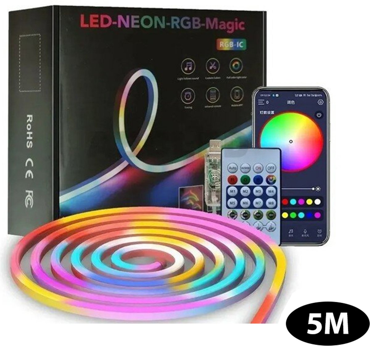 MOS - Neon Multi Color Led strip licht 5M USB - App control + Afstandsbediening - IC-RGB - 7*14MM - IC RGB - LONGITUD - IP68 - Music Sync - Game Room verlichting - TV verlichting
