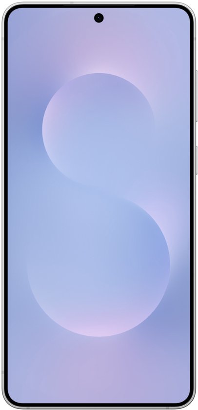 Grijze smartphone met een lichtpaars S-motief op het scherm.