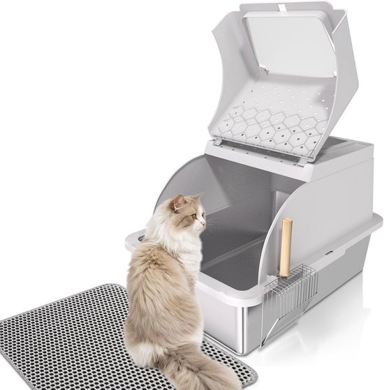 Roestvrijstalen Kattenbak met Deksel - Extra Grote Stalen Bak voor Meervoudige Katten (Klein Formaat