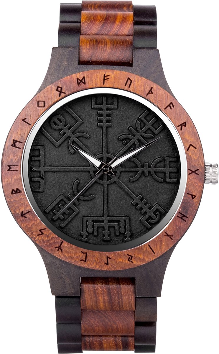 BOBO BIRD Viking Houten Horloge - Heren - Vegvisir Noorse Runen - Ebbenhout Rood Sandelhout ⌀45mm