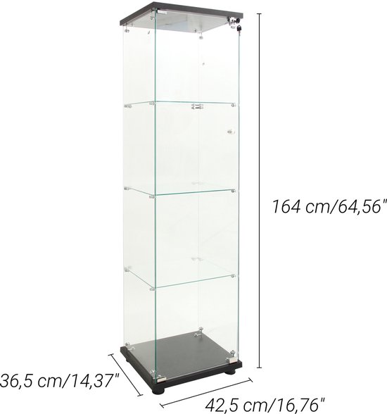 Vitrine en verre avec LED, Vitrine moderne avec 4 étagères en verre ESG, Vitrine de collection pour Bar, Salon, 164 x 42,5 x 36,5 cm, Zwart