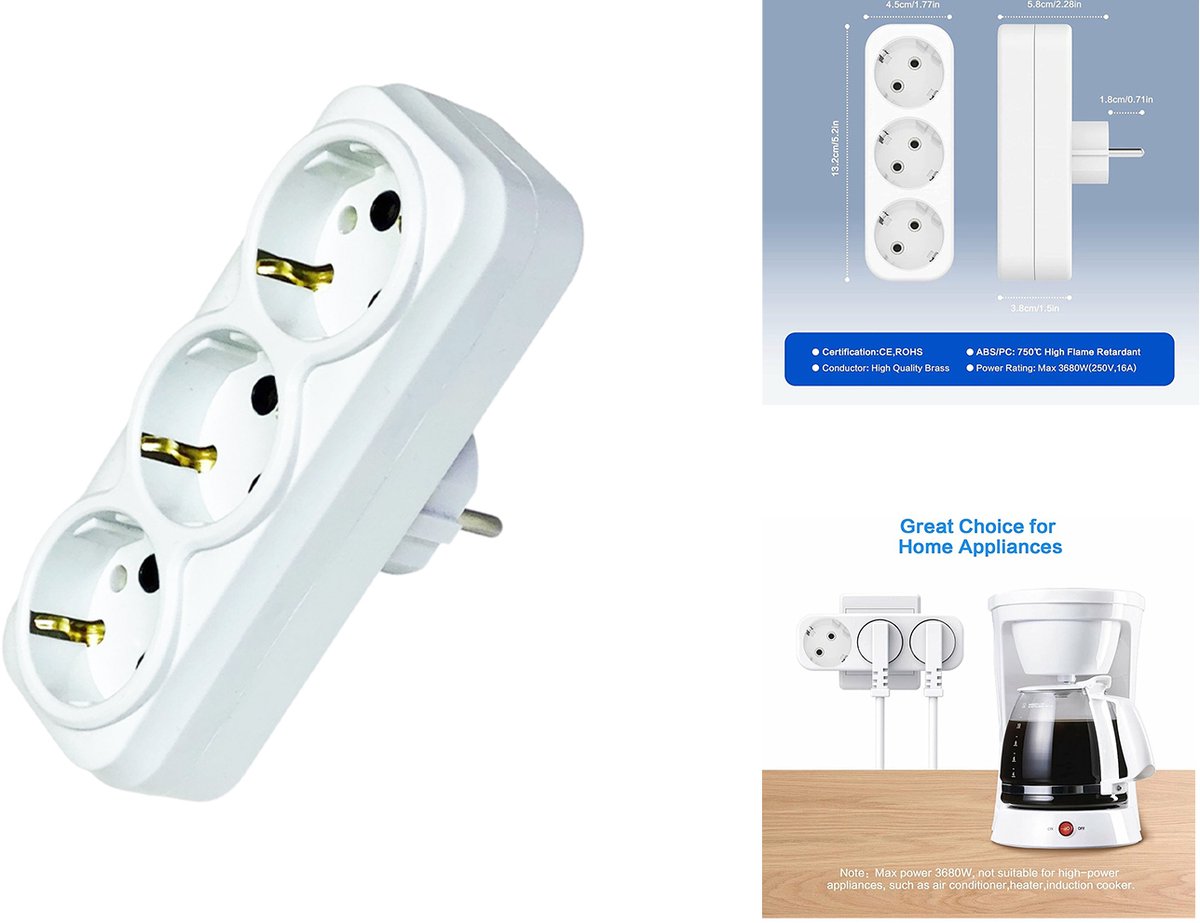 3-voudig Stopcontactdoos - Verdeelstekker verticaal - Verloopstekker - splitter - Wit