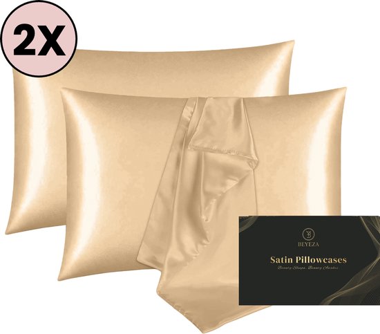 Satijnen Kussensloop - Zijden Zacht Beddengoed - Haarverzorging - Krullend Haar Producten - Curly Girl - Kussenslopen Satijn - 60 x 70 CM set van 2 - Champagne