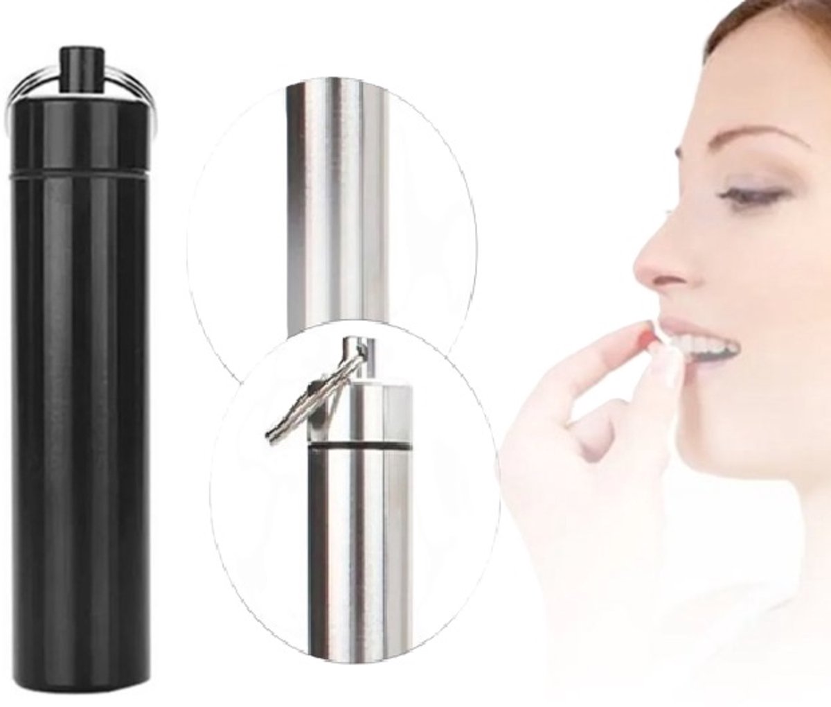 Goedkoopste Aluminium Pillendoosje Sleutelhanger I Medicijn doosje I Wattenstaafjes Houder I Pillenkoker | Verzegeld I Waterdicht I 8,7 x 1,9 CM I Zwart