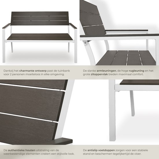 Donkerbruine tuinbank met witte armleuningen, zitting en rugleuning van composiet hout.