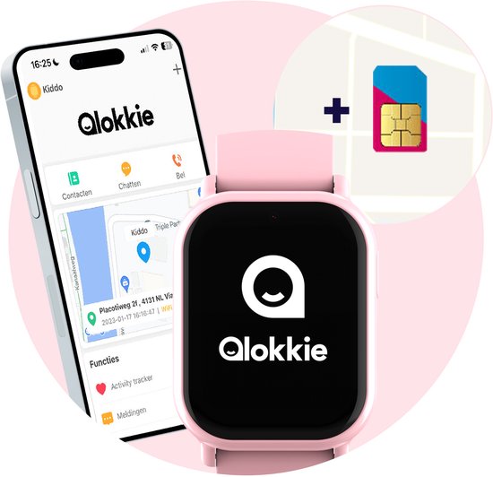 Qlokkie Kiddo Mini - GPS horloge kind - Smartwatch kinderen - GPS tracker kind met nauwkeurige locatiebepaling - GPS horloge kind met simkaart - Stel veilige zones in - SOS functie - Roze