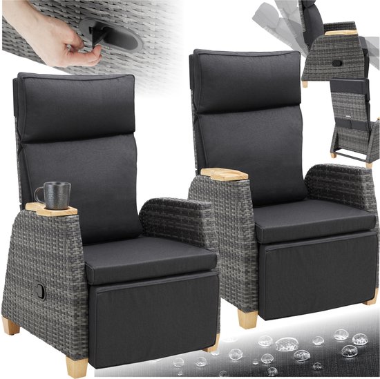 tectake® Set van 2 Wicker Buitenfauteuils - Tuinstoel met Hoge Rugleuning - Met Voetsteun en Verstelbare Rugleuning - Relaxstoel met Ligfunctie - Loungestoel voor Tuin - Ligstoel - Leesstoel - Incl. Ruimte voor Beker/Glas