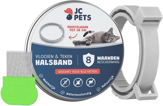 Teken- en Vlooienband Kat - Alle Maten - Anti Vlooien voor Katten - Vlooien Kat - JC Pets Tekenband - Diervriendelijk - Incl. Vlooienkam - Grijs