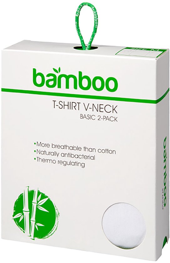 Witte verpakking voor 2-pack V-hals T-shirts van bamboe, met bamboe-logo en informatie.