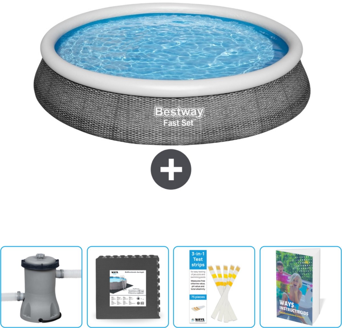 Bestway Rond Opblaasbaar Fast Set Zwembad - Rotanprint - 396 x 84 cm - Inclusief Pomp Vloertegels - Testrips - Zwembadgids