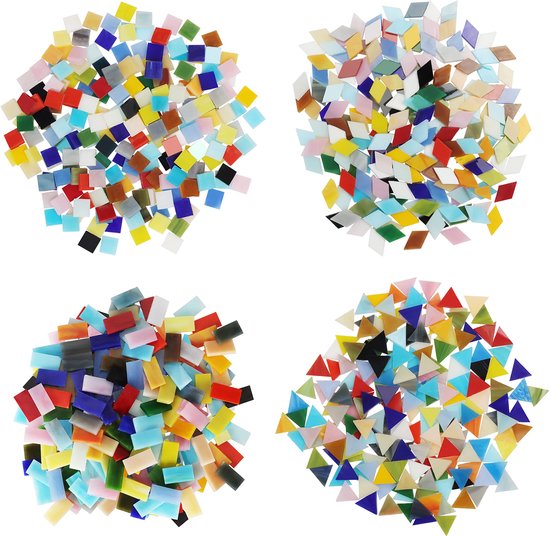Belle Vous Gemixte en Gekleurde Mozaïek Tegels in 4 Vormen (525 Stuks) - Tegels in Diamant, Vierkant, Rechthoek en Driehoek Vormen - Geassorteerd Stained Glas voor Handgemaakte kunsten en Decoraties