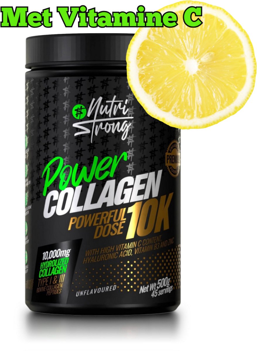 Goedkoopste Nutri Strong Power Collagen 10K - Collageen Poeder Met Hyaluronzuur - Vitamine C - Supplement - Anti Aging - Voedingssupplementen - Voor Huid, Haar en Nagels – 500g