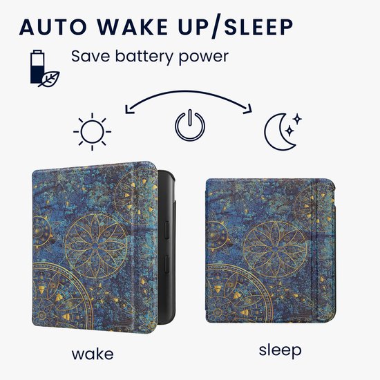 kwmobile e-reader hoesje geschikt voor Kobo Libra Colour hoes - E reader flip case met magnetische sluiting - Ereader cover - Mandala design in geel / donkerblauw van Merkloos — afbeelding 3