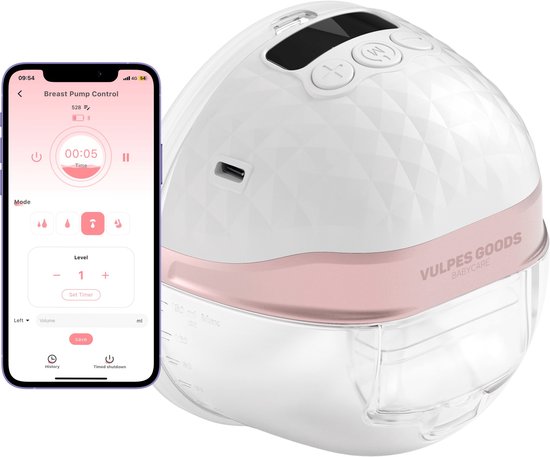 Vulpes Goods® BabyCare - Elektrische Draadloze Borstkolf - Handsfree & Draagbaar - met APP bediening - BPA-Vrij - Incl. Borstschildverkleiners, 30 Moedermelk Bewaarzakjes, Reistas & Kolfdagboek - PRO V2