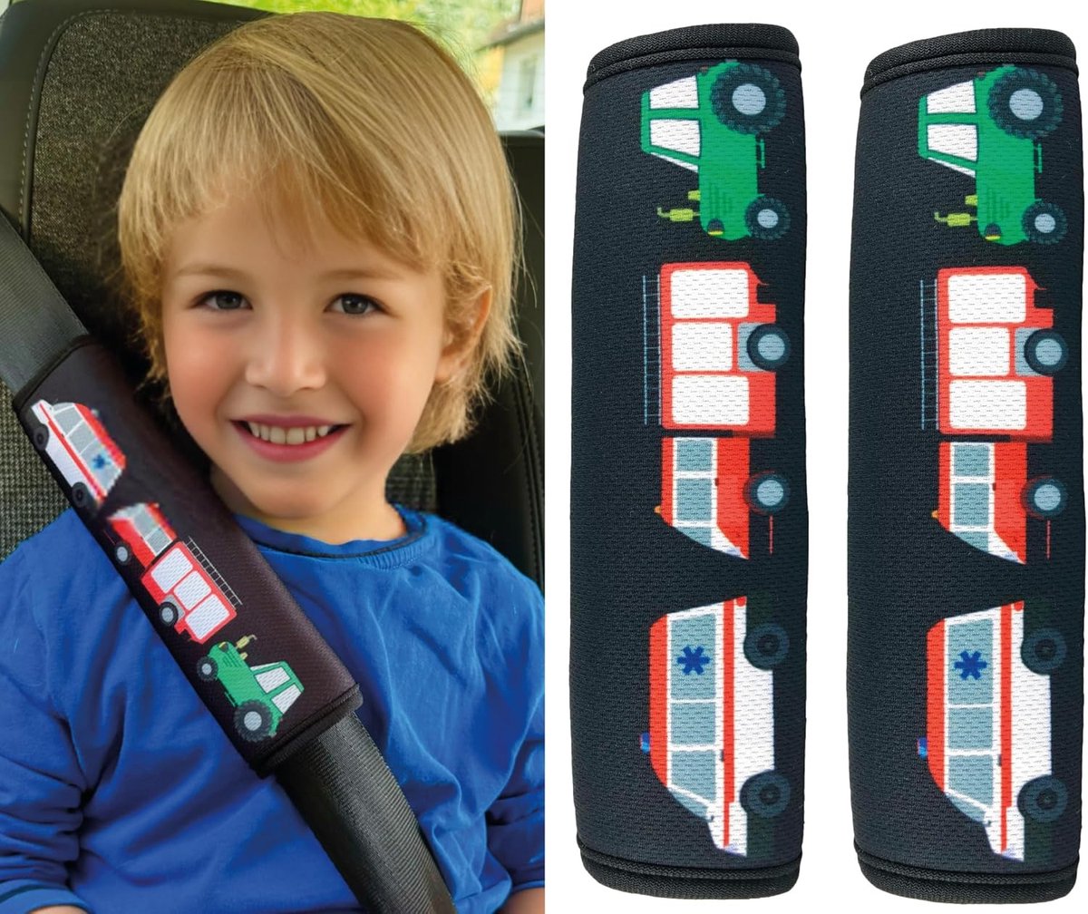 Veiligheidsgordel Pads voor Kinderen - Comfortabele Gordel Bescherming met Brandweerwagen en Tractor Motief - 21 x 6 cm