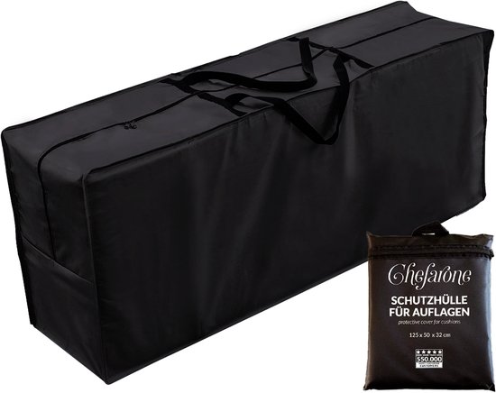 Zwarte beschermhoes voor kussens van 125 x 50 x 32 cm, met handgrepen en rits.