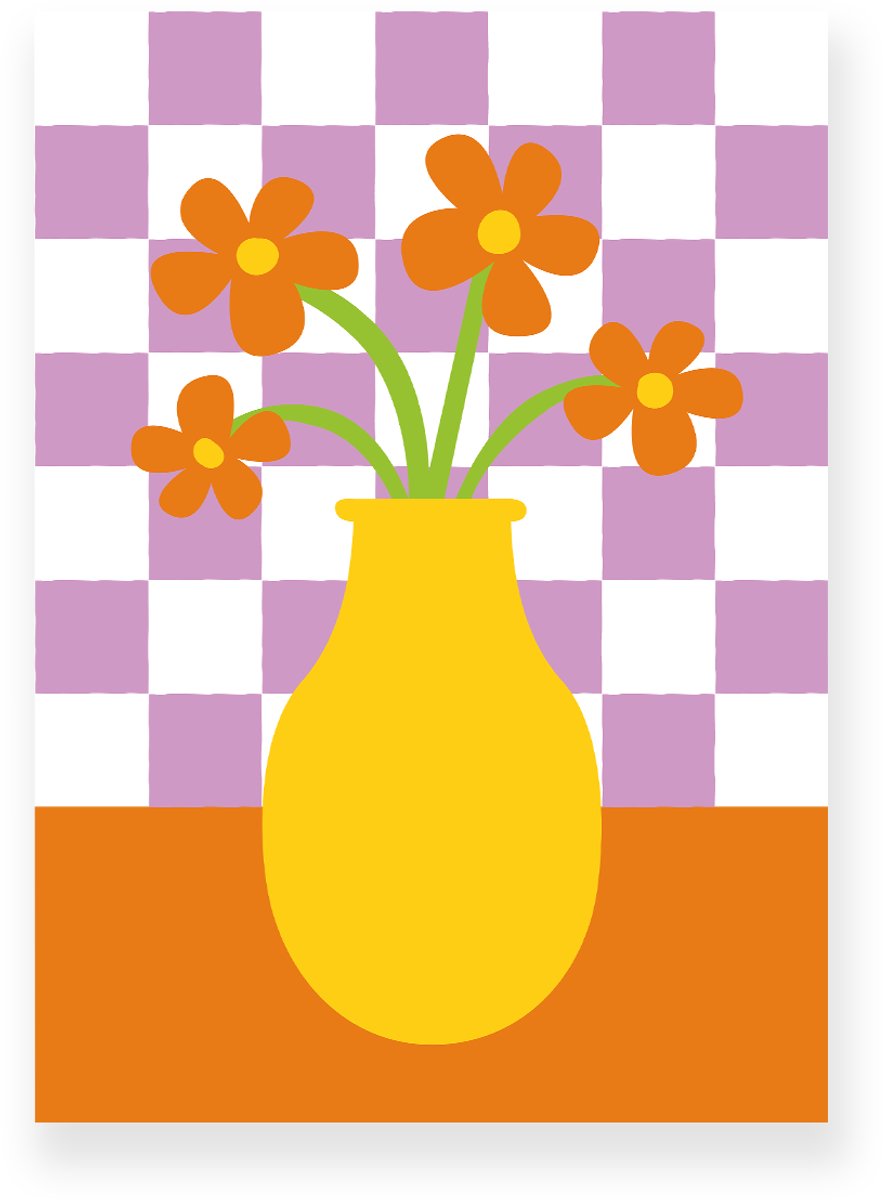 Yisual Aluminium plaat 30x40 cm - Poster - Vaas met Bloemen - Geblokte Tegels - Oranje - Paars - Vintage - Eclectisch - Muurdecoratie - Wanddecoratie Geel