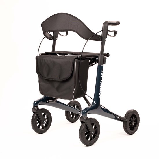 Homecare premium ultra lichtgewicht carbon rollator van 5,4 kg - Draaggewicht 150 kg - Met grote softwielen - Opvouwbaar - Inclusief luxe tas- Met parkeerrem en stevige rugleuning - Blauw