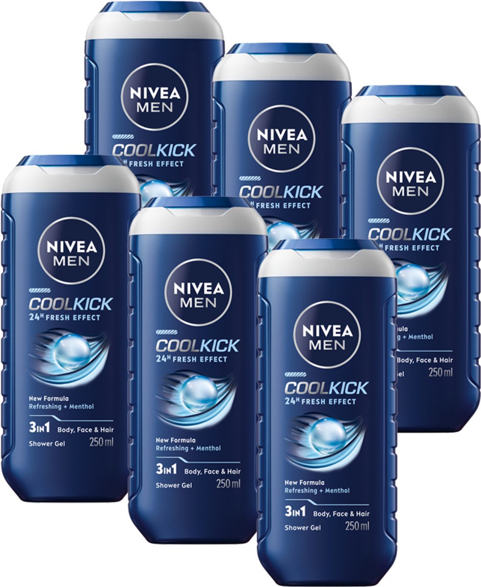 NIVEA MEN Cool Kick Douchegel - 3-in-1 Shower Gel Met Verfrissende Menthol - Shampoo - Voordeelverpakking - 6 x 250 ml