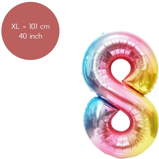 Fienosa Regenboog kleuren Cijfer 8 Ballon 101 CM - Nummer en getal - Leeftijd 8 - XL Groot - Helium Ballon- Verjaardag Ballon - Verjaardag versiering - Verjaardag Decoratie - Leeftijd verjaardag - Verjaardagsballon - Verjaardag