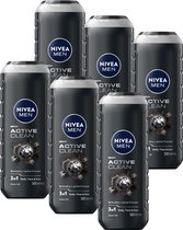 NIVEA MEN Active Clean Douchegel - 3-in-1 Shower Gel Met natuurlijk actief houtskool - Shampoo - Voordeelverpakking - 6 x 500 ml