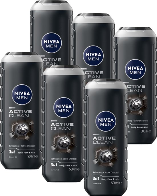 NIVEA MEN Active Clean Douchegel - 3-in-1 Shower Gel Met natuurlijk actief houtskool - Shampoo - Voordeelverpakking - 6 x 500 ml