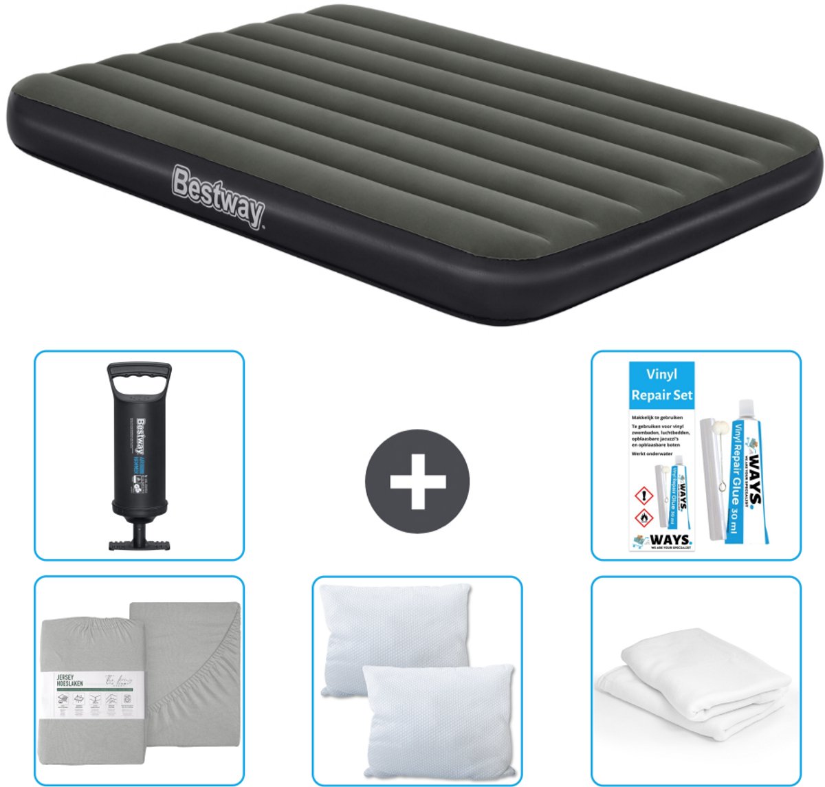 Bestway luchtbed - Twijfelaar- 137 x 191 x 25 cm - Groen - Inclusief Hoeslaken - Kussen - Kussenbeschermer - Pomp en Reparatieset